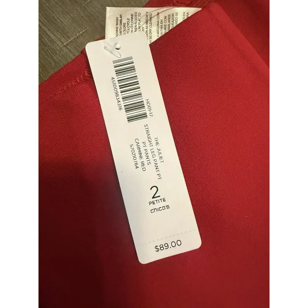 NWT Chicos The Ultimate Fit Juliet Straight Leg Red Pants Size LP 12P (2P) $89